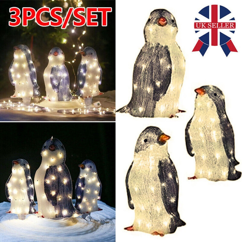3X Christmas Penguin Acrylic LED Light Up Decoration