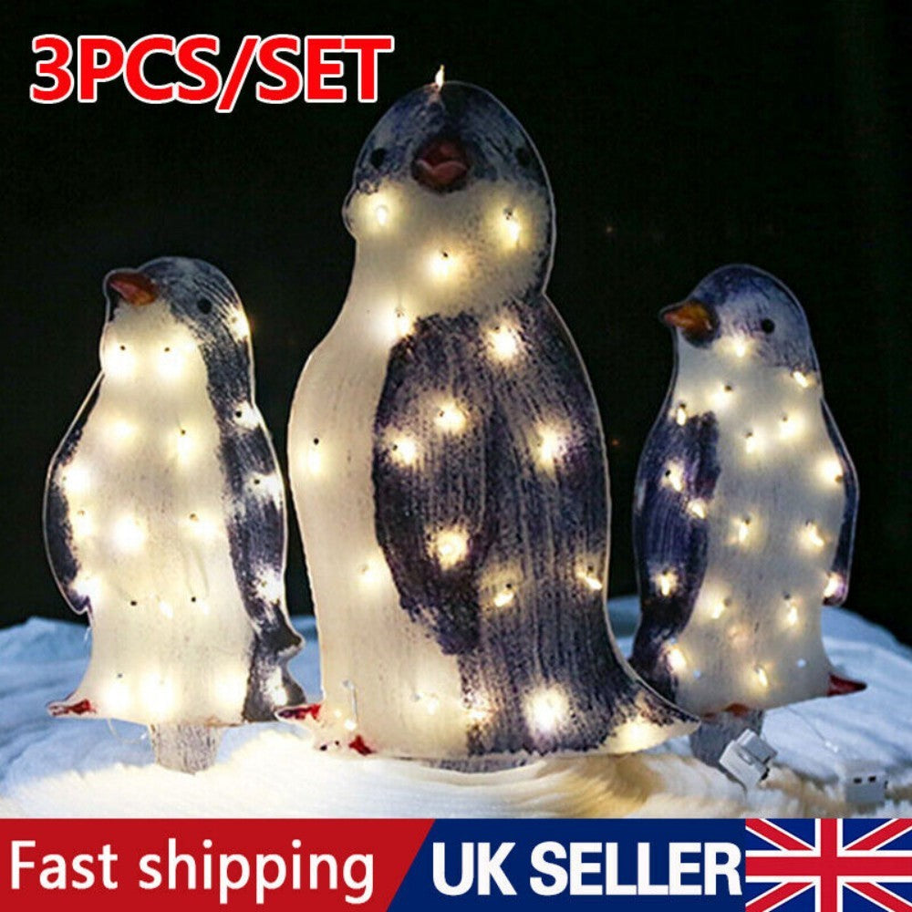 3X Christmas Penguin Acrylic LED Light Up Decoration