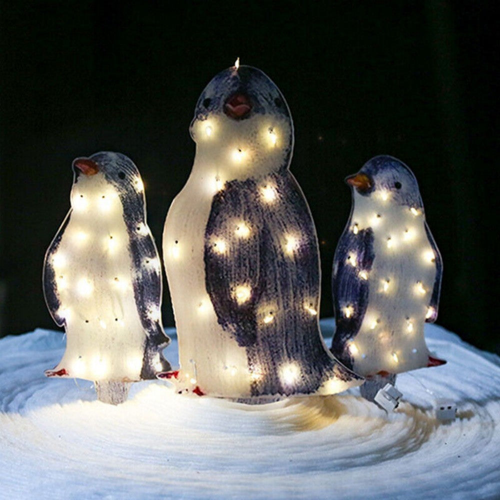 3X Christmas Penguin Acrylic LED Light Up Decoration