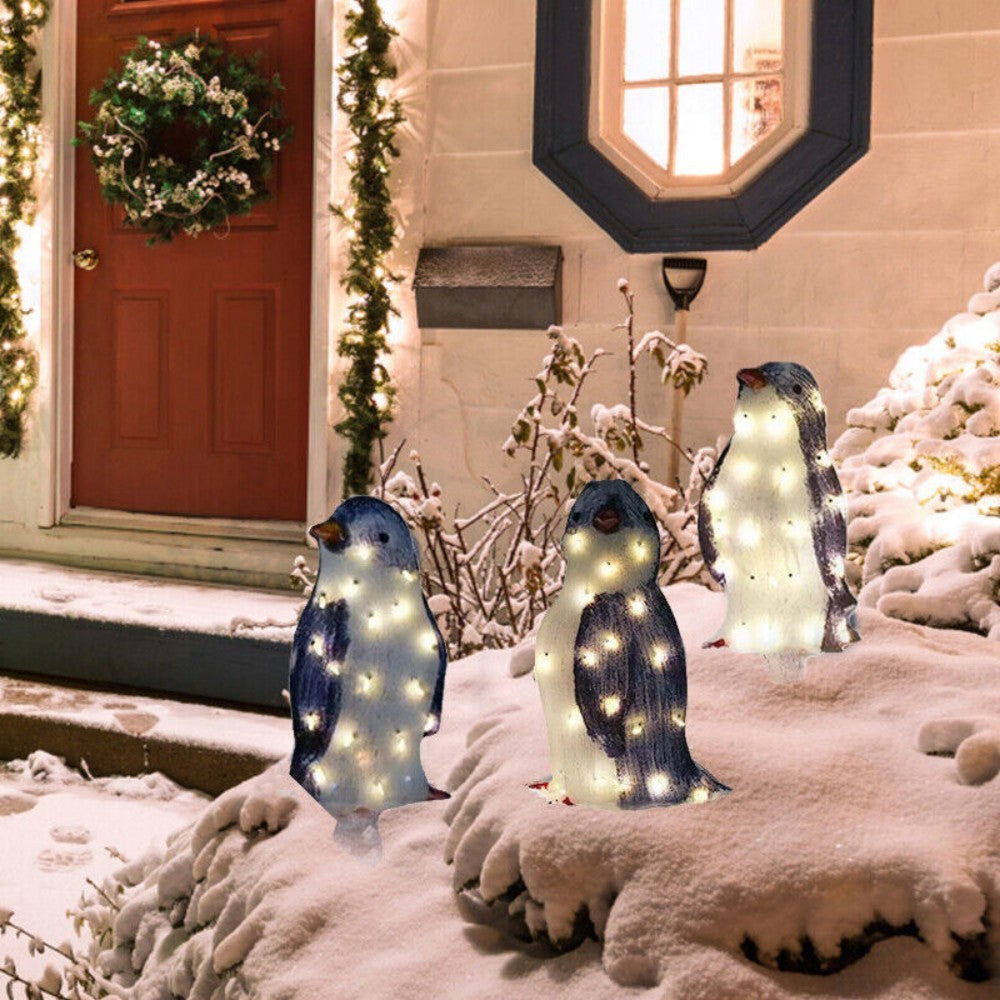 3X Christmas Penguin Acrylic LED Light Up Decoration
